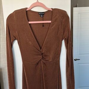 PrettyLittleThing Brown Ribbed Ruched Front Bodycon Dress